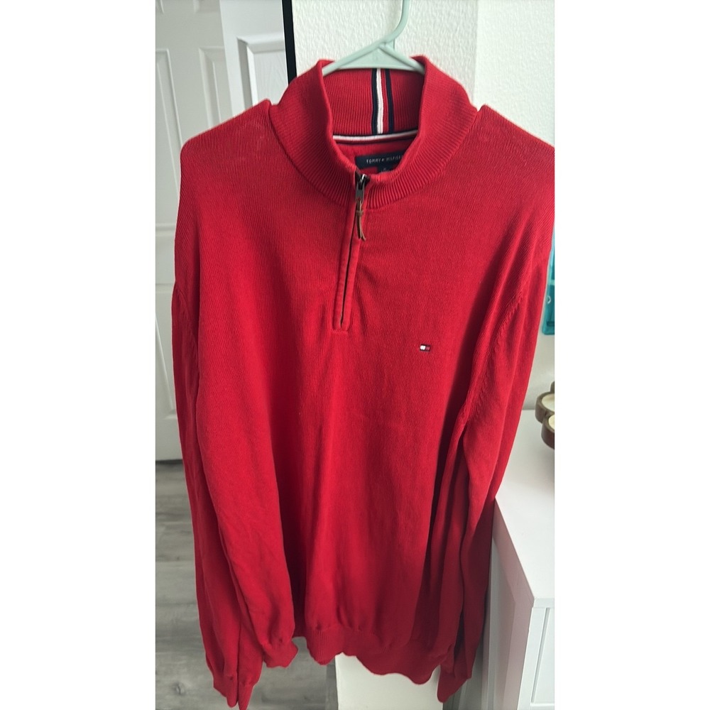 Tommy Hilfiger Men's Red Quarter-Zip Ribbed Knit Pullover Sweater